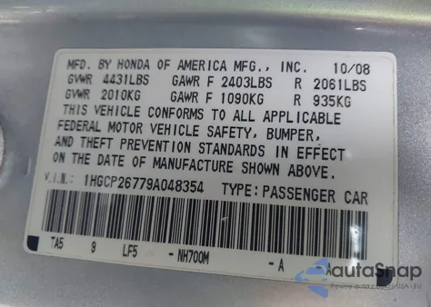 2009 Honda Accord 2.4 Ex from USA, damaged, VIN 1HGCP26779A048354